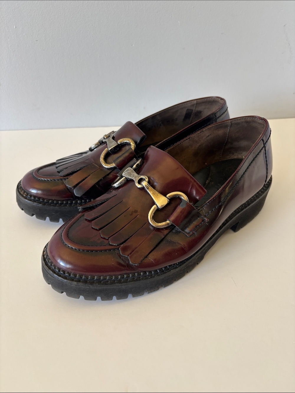 Vintage Burgundy Leather Tassel Bit Lug Sole Loafers
